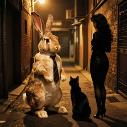 rabbit wearing a tie is talking to a femme fatale cat in a dark alley, warm color palette, night time, dramatic lighting, noir film, character sheet, fine details, high contrast, blacksad, kim jung gi, greg rutkowski, trending on artstation, 8 k, front view, back view, ultra wide angle