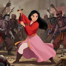 disney princess mulan fighting off a horde of zombies, artstation, digital art, 8k, randy vargas