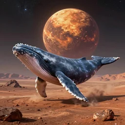 whale on mars, photorealistic, very detailed, high definition, beautiful mars landscape background, award winning photograph
