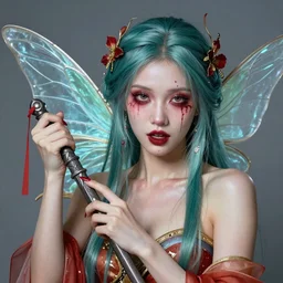 portrait of a horrifying beautiful , colorful hyper realistic godlike fairy slaughtering pond animals , detailed mushroom village in the background , Greg rutkowski legendary matte painting, post-processing, fantasy , masterpiece , art style of junji ito , vibrant colors