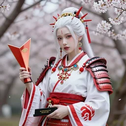 beautiful albino maiko armor pagan, jewelry, sakura,photograph, award wining, red and white, trending on artstation, punk attitude, 4k, unreal engine 5, octane render, neon highlights