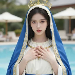 a highly detailed and realistic photo of the maiden mary cosplay, beautiful face, pool party, 4 k, proper body build, good light