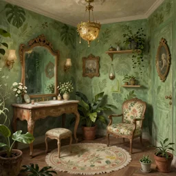 beautiful digital matte painting of a whimsical botanical shabby chic dressing room by greg rutkowski and edward hopper, artstation, behance hd - h 7 6 8