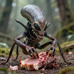 high quality presentation photo of angry anthropomorphic horror alien monster insects eating meat, photography 4k f1.8 anamorphic bokeh 4k Canon Nikon