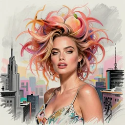 a sketch, ultra detailed, fashion, magic, universe, beautiful woman, similar to margot robbie, crazy hairstyle, beatiful colors, peaches, surreal city, in style of jean - michel basquiat, trending on artstation