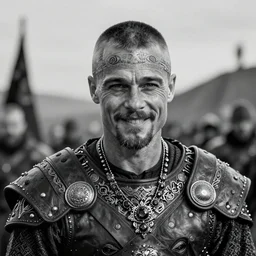 a cinematic view of wide bw photo from a very ornated old brad pitt viking, shaved haircut, no mustache, showing celtic tattoos in the head, using leather armour with necklace of garnets, silly expression, photorealistic, volummetric light, depth of field, detailed, texturized, zeiss lens high professional mode
