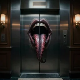 horrifying photorealistic image of a 1 9 2 5 hotel elevator lobby, elevator doors look like a mouth, with a tentacle - shaped tongue, licking out, dark, atmospheric, brooding, smooth, finely detailed, cinematic, epic, in the style of lee gibbons