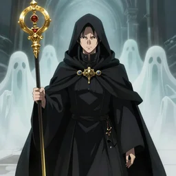 portrait of heretic inquisitor holding a golden staff, ghosts in the background, style by masahiro ito