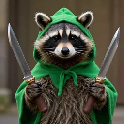 raccoon in a green hood holding jagged daggers in each hand, Hollywood still