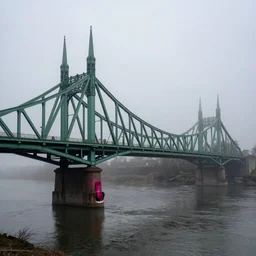 a photograph of an emerald bridge over a river of red wine. highly detailed. mythical. magical. mist. foggy. 4k. 800 iso.