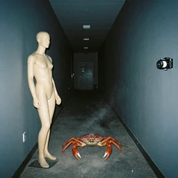 Photograph of a long dark hallway with a mannequin smiling, dust in the air, liminal space, SCP, taken using a film camera with 35mm expired film, bright camera flash enabled, award winning photograph, sleep paralysis demon crabwalking towards camera, creepy, liminal space, in the style of the movie Pulse