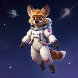 full body digital artwork of furry female hyena, in style of zootopia, fursona, furry, furaffinity, deviantart, wearing astronaut outfit, floating in space, detailed face, style of artgerm,