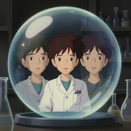 a very dull interior shot still from ponyo ( 2 0 0 8 ) of a young skinny scientist in a cubic bubble alone in his lab. bubble. close up on the faces, perfect art, grimdark, trending on pixiv fanbox, painted by studio ghibli
