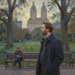 steve buscemi in central park. gouache fairytale art, russian romanticism, muted palette, backlighting, depth of field
