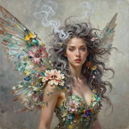 a colorful and provenance portrait painting of the fantasy female with a floral wings, detailed, highly detailed, her hair made of hair made of air wind and curling smoke, mist, dust, genie, spirit fantasy concept art ， art by charlie bowater, trending on artstation.