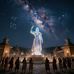 The chanting tribesmen worship the glowing futuristic warrior statue in the center of their village. Overhead wide angle. 1100 AD. The Milky Way Galaxy is visible in the night sky along with many constellations and nebulas. Cinematic, Award winning, ultra high resolution, intricate details, UHD 8K. Hidden message.