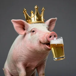 studio photograph of a pig wearing a gold crown depicted as a muppet drinking a glass of beer