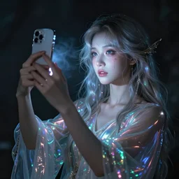girl takes selfie with ghost spirit, iridescent metallic colors, dark eerie photo vibes