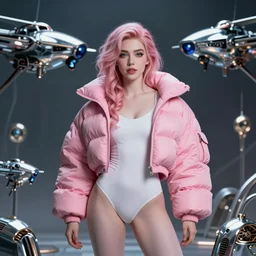 beautiful fantasy portrait, bell delphine, wearing oversized pink puffy bomber jacket and white leotard, futuristic chrome drones, ultra realistic, dramatic lighting, the fifth element artifacts, highly detailed by peter mohrbacher, wayne barlowe, boris vallejo, aaron horkey, gaston bussiere, craig mullins