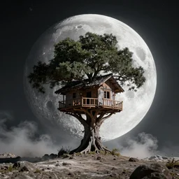 moon landscape with treehouse. moon craters and moon dust can be seen. 2 0 9 6 ad. sci - fi concept art