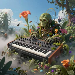 Intricate detailed illustration, Analog Synthesizer being reclaimed by the jungle, strange flowers, fog, vibrant colors, blue sky, cinematic lighting, by Sparth and Greg Rutkowski, wide angle, volumetric light scattering, 8k, artstation, concept art,
