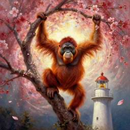 orange orangutan weared in coat climbing on lighthouse as tree, floral explosion, radiant light, vortex of plum petals, oil painting, tooth wu, greg rutkowski, rpg portrait, dynamic lighting, fantasy art, high contrast, depth of field