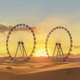 giant wheels roll toward a golden desert sunset, cinemascope, studio ghibli, widescreen