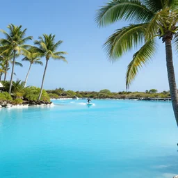 a blue lagoon paradise, palm trees, man surfing in distance, artstation, annie leibovitz, clear blue sky, sun shining, glistening water, private catamaran artstation. - n 4