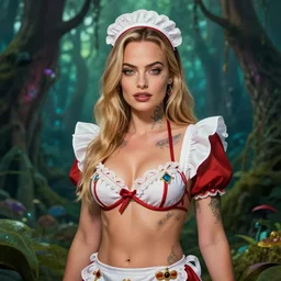 A beautiful female maid wearing a magical bikini in a magical forest, looking like margot robbie, detailed face, tattooed, piercing gaze, fantasy art, in the style of artgerm, illustration, epic, fantasy, intricate, hyper detailed, artstation, concept art, smooth, sharp focus, ray tracing, vibrant
