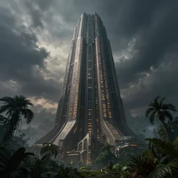 A hyper realistic matte painting of a massive epic futuristic science fication tower with glowing engraved runes and dark windows an ominous sky an eerie jungle at twilight by keith parkinson, Christophe Vacher and Gregory Crewdson. Subject in view, golden ratio composition, moody volumetric lighting, very wide shot, f11:10, trending on artstation and cgsociety