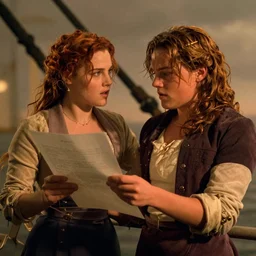 movie still from the movie titanic where leonardo dicaprio shows his drawing to kate winslet, warm colors, realistic, beautiful lighting