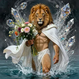 portrait male anthro lion character wearing a white cloak, holding a bouquet of flowing flowers, water drenched body, wet dripping hair, emerging from the water, fantasy, regal, fractal crystal, fractal gems, by stanley artgerm lau, thomas kindkade, alphonse mucha, loish, norman rockwell