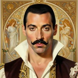 symmetry portrait of freddie mercury as a queen, with large glossy mustache, glam, noble drawing room background, intricate, elegant, highly detailed, digital painting, artstation, concept art, smooth, sharp focus, illustration, art by artgerm and greg rutkowski and fra angelico and alphons mucha