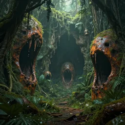 shrouded in the rotting jungle are the mouths of the rust - caves of golgotha, chrome's graveyard, retrofutistic, science fantasy, rpg, epic, extremely detailed, sharp focus, 4 k