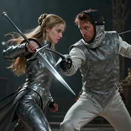 eowyn fencing with liam neeson, digital art by greg rutkowski, intricate, sharp focus, cinematic, epic, artstation