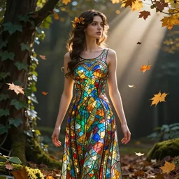 portrait of a woman wearing a dress of stained glass , autumn leaves falling, dramatic volumetric lighting, god rays, global illumination, soft, sharp focus, sci-fi, ivy, moss, trending on artstation, intricate concept art by Greg Rutkowski and alphonse mucha and riesun