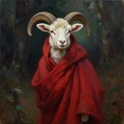 a lamb wearing red robes, oil painting on canvas, deep colors and dark shadows, forest background, ambient glow, cultist