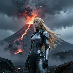 volcano eruption post apocalyptic scene with a long haired blonde cyber girl futuristic bladerunner stormy weather