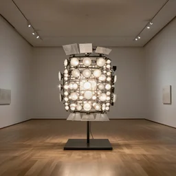 mgb made of led point lights, in the middle of a museum room,
