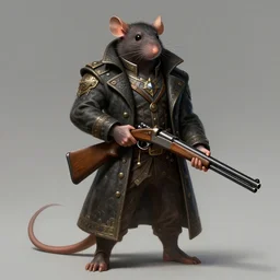 a highly detailed illustration of a anthropomorphic rat wearing a long coat holding a wooden shotgun, glowing eyes, dramatic standingm muscular, intricate, elegant, highly detailed, centered, digital painting, artstation, concept art, smooth, sharp focus, league of legends concept art, wlop