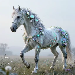 a stunning horse with a thick mane of bioluminescent vines and flowers running through a meadow by greg rutkowski, high key lighting, volumetric light, digital art, highly detailed, fine detail, intricate, ornate, complex, octane render, unreal engine, photorealistic