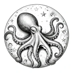 relaxed octopus on moon, black and white, copper engraving, stars