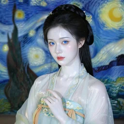 beautiful lady wearing hanfu, shiny white skin, blue eyes, by vincent van gogh