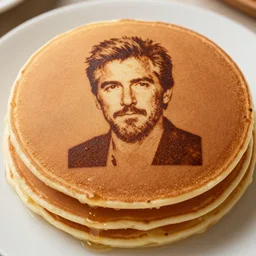 a pancake with a brown stencil jeff goldblum