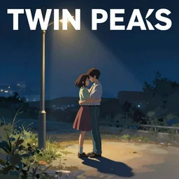 Twin Peaks movie poster artwork by Tomer Hanuka Rendering two lovers embrase in the long shadows cast by the streetlight, full of details, by Makoto Shinkai and thomas kinkade, Matte painting, trending on artstation and unreal engine