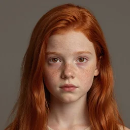 portrait of 1 4 - year - old girl with straight flaming red hair, a lot of freckles, and bright brown eyes hyper detailed, digital art, trending in artstation, cinematic lighting, studio quality, smooth render, octane rendered, concept art, art by artgerm and greg rutkowski