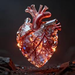 crystaline heart filled with blood veins and fire
