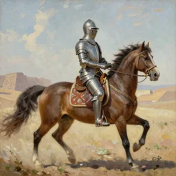 a beautiful oil painting of a middle eastern knight in shining armor riding a horse