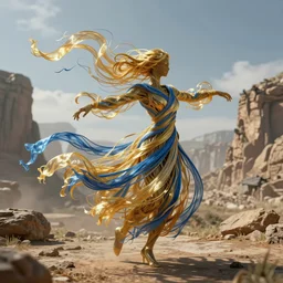 a dancing humanoid has a body made of millions of thin ribbons and threads of translucent gold and blue fabric that are twisting, swirling, unraveling, and pulling apart in the wind of an ancient landscape, highly detailed, fantasy character, octane render