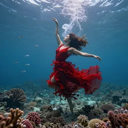 manshaped swirling smoke beside woman dancing underwater wearing a flowing red dress made of seaweed, rough coral sea bottom, tiny silver fish in the background, octane render, caustics lighting from above, cinematic